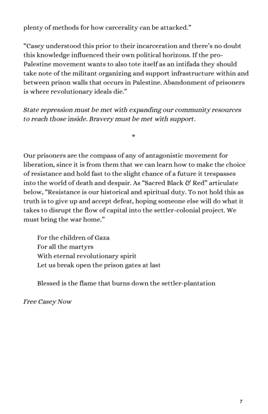 plenty of methods for how carcerality can be attacked.” “Casey understood this prior to their incarceration and there’s no doubt this knowledge influenced their own political horizons. If the pro- Palestine movement wants to also tote itself as an intifada they should take note of the militant organizing and support infrastructure within and between prison walls that occurs in Palestine. Abandonment of prisoners is where revolutionary ideals die.” State repression must be met with expanding our community resources to reach those inside. Bravery must be met with support. Our prisoners are the compass of any of antagonistic movement for liberation, since it s from them that we can learn how to make the choice of resistance and hold fast to the slight chance of a future it trespasses into the world of death and despair. As “Sacred Black & Red” articulate below, “Resistance is our historical and spiritual duty. To not hold this as truth is to give up and accept defeat, hoping someone else will do what it takes to disrupt the flow of capital into the settler-colonial project. We must bring the war home.” For the children of Gaza Forall the martyrs ‘With eternal revolutionary spirit Let us break open the prison gates at last Blessed is the flame that burns down the settler-plantation Free Casey Now